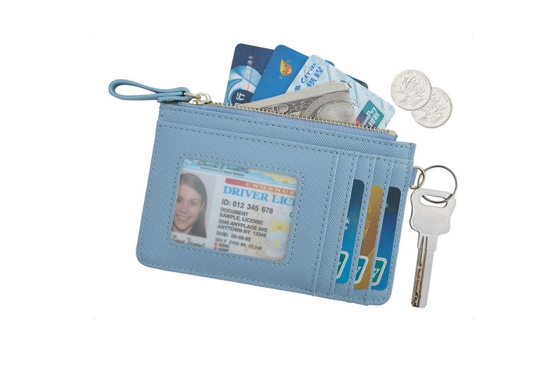 Aiyo Nice Women Slim RFID Card Case Holder Wristlet Zip ID Case Wallet Small Leather Wallet Coin Purse with Keychain (Blue) - Image 2